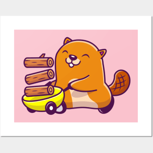 Cute Beaver With Cart And Wood Cartoon Posters and Art